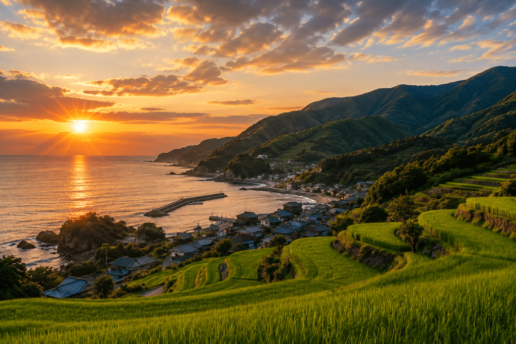 Rural Japanese coastal village surrounded by green rice terraces at sunset
