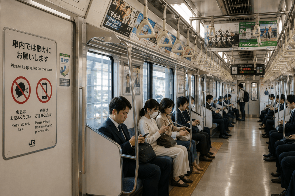 Passengers riding quietly inside a commuter train in Japan