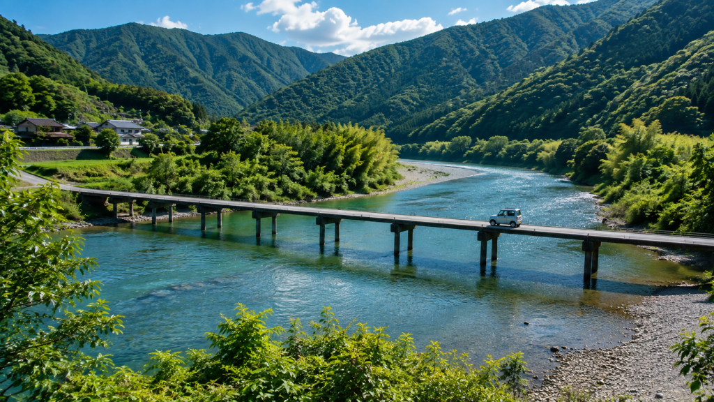 Shimanto River and a traditional chinkabashi bridge surrounded by mountains in Kochi
