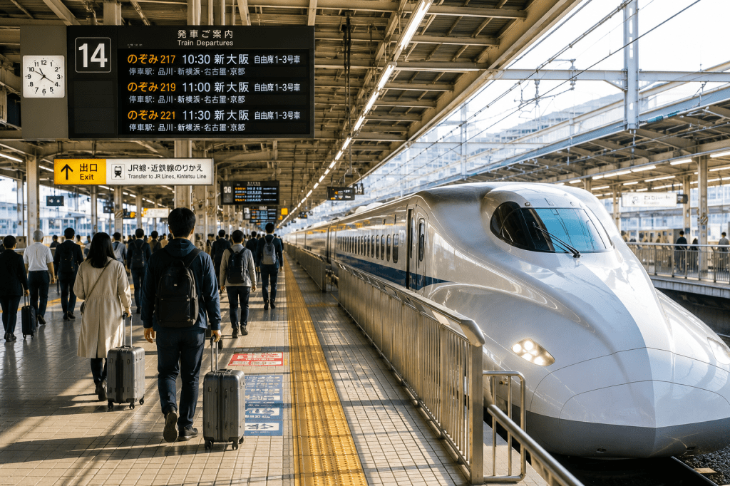Travelers navigating a busy train station in Japan