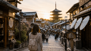 Traveler walking through a traditional street in Kyoto, Japan