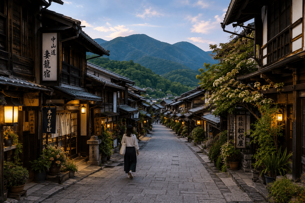 Traditional Japanese village street surrounded by mountains