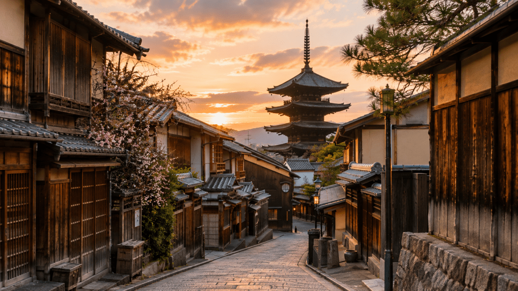 Traditional Kyoto street with wooden houses and a pagoda at sunset