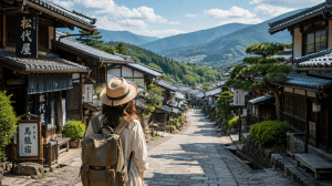 Traveler exploring a quiet traditional town in rural Japan