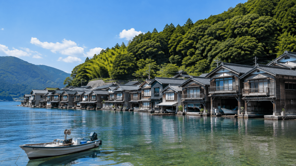 Traditional funaya boathouses along Ine Bay in Kyoto