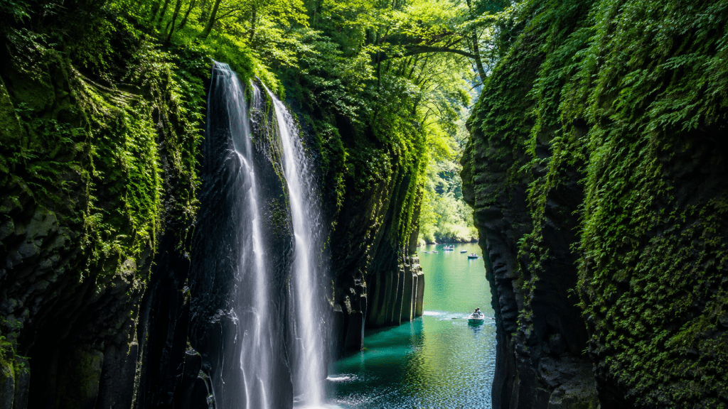 Manai Falls and rowboats in Takachiho Gorge, Miyazaki