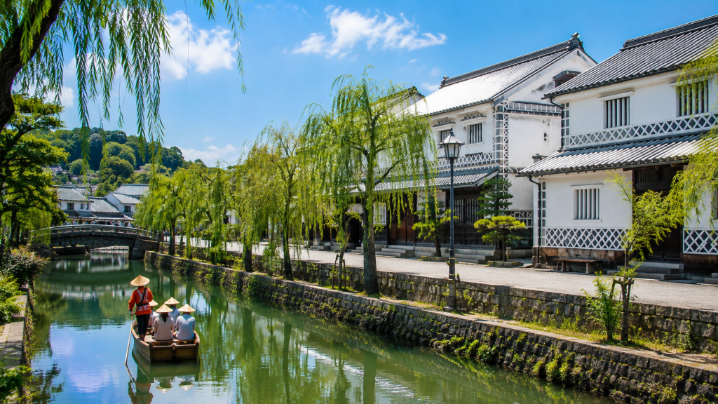 Willow-lined canal and historic white buildings in Kurashiki, Okayama