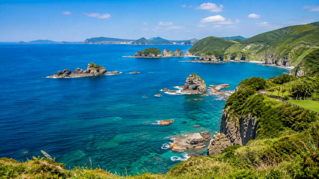 Blue sea and rugged coastline of the Goto Islands in Nagasaki