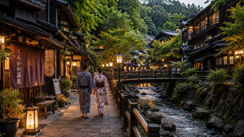 Traditional ryokan and riverside hot spring town in Kurokawa Onsen, Kumamoto