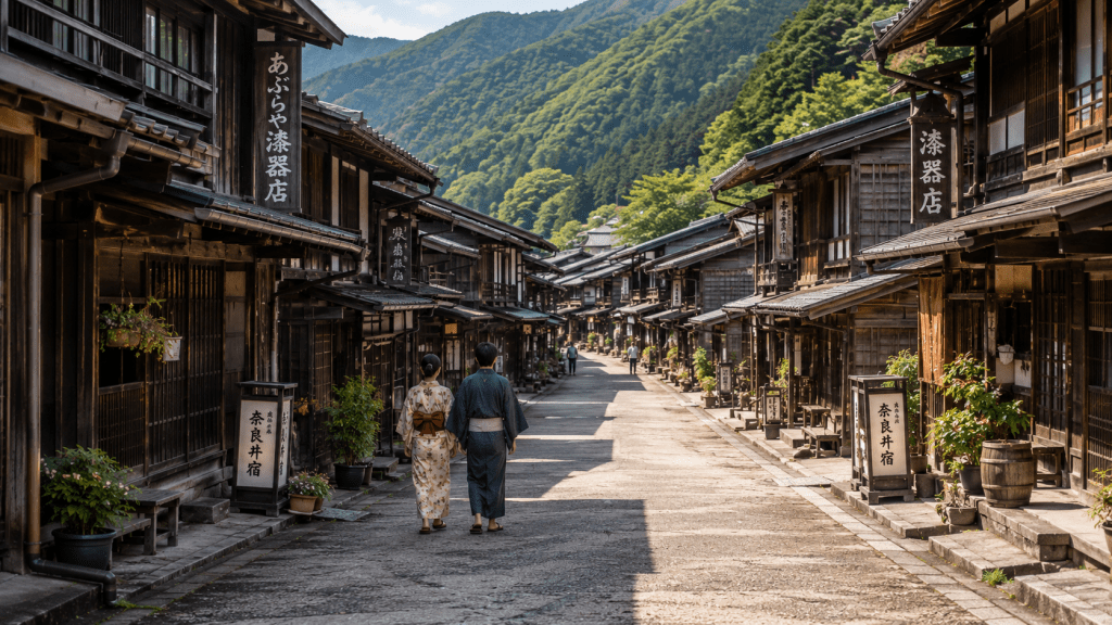 Traditional wooden houses lining the historic street of Narai-juku, Nagano