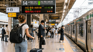 Travelers navigating a train station in Tokyo, Japan