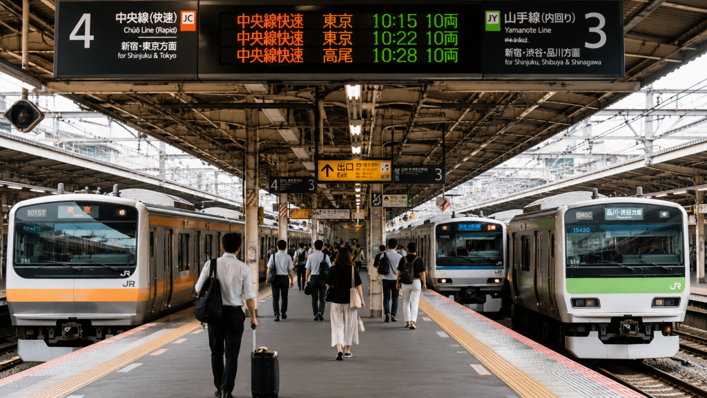Local and rapid trains at a railway station in Japan