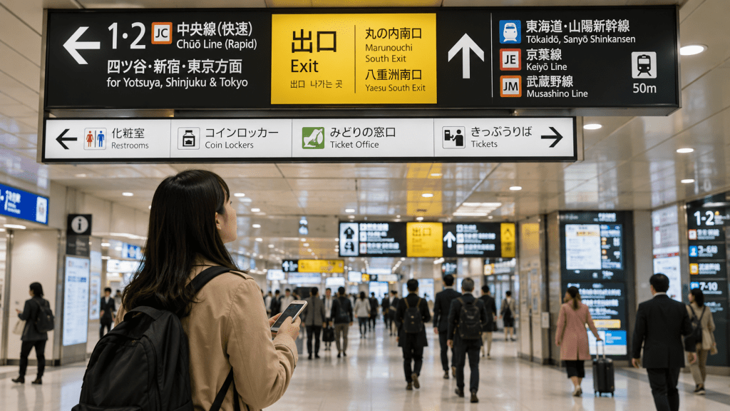 Traveler checking train signs inside a major railway station in Japan
