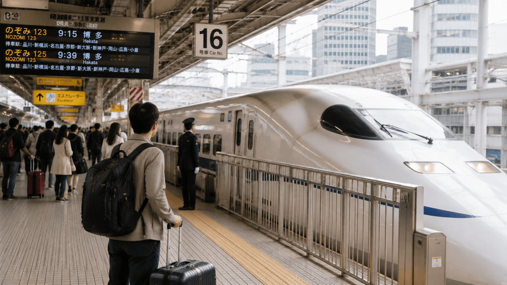 Traveler waiting to board a Shinkansen at a station in Japan
