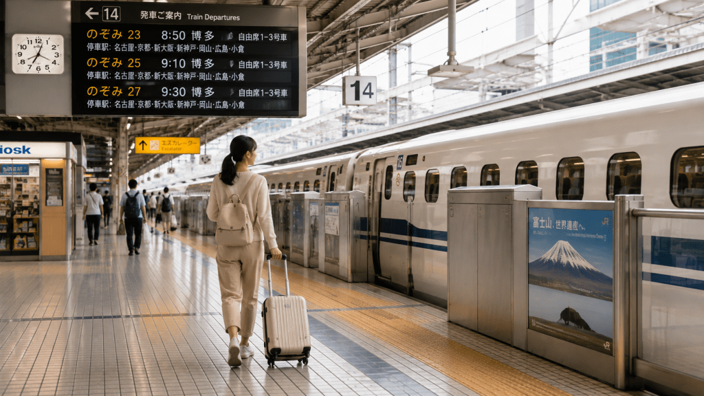 Travelers with luggage preparing for a train journey in Japan