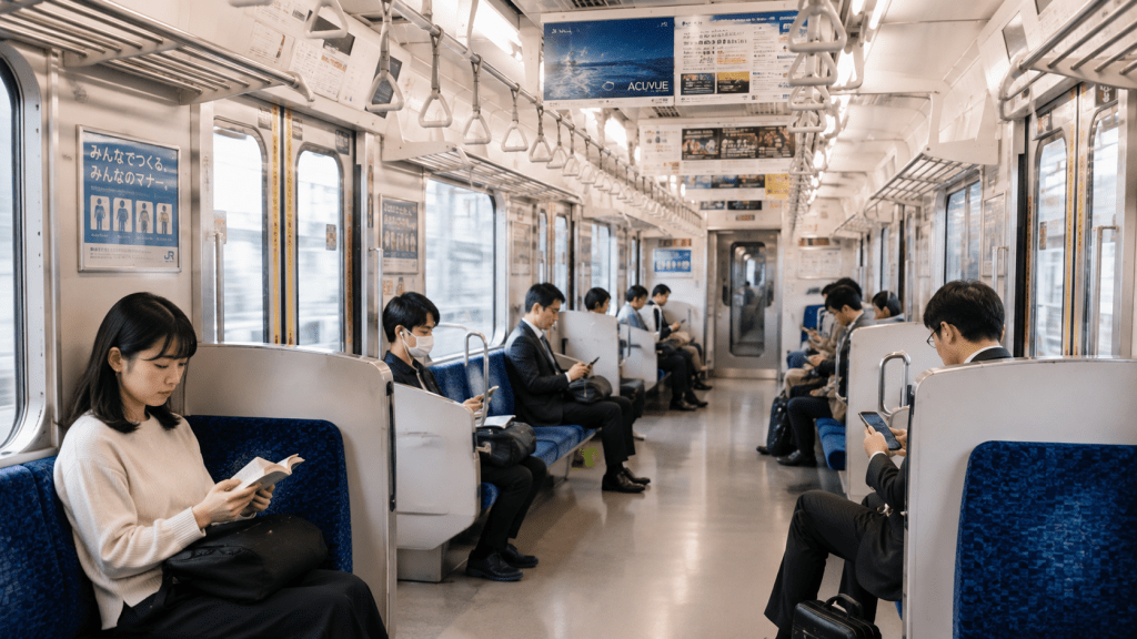 Passengers traveling quietly inside a commuter train in Japan