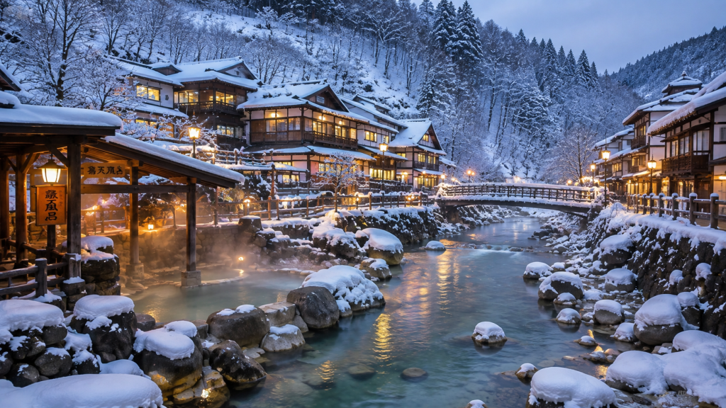 Snow-covered Japanese hot spring town in winter