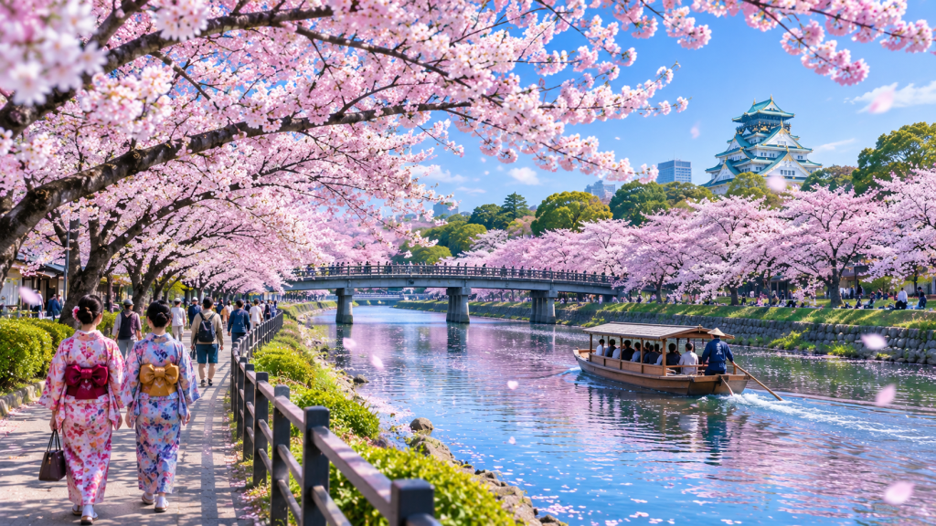 Cherry blossoms along a riverside in Japan during spring