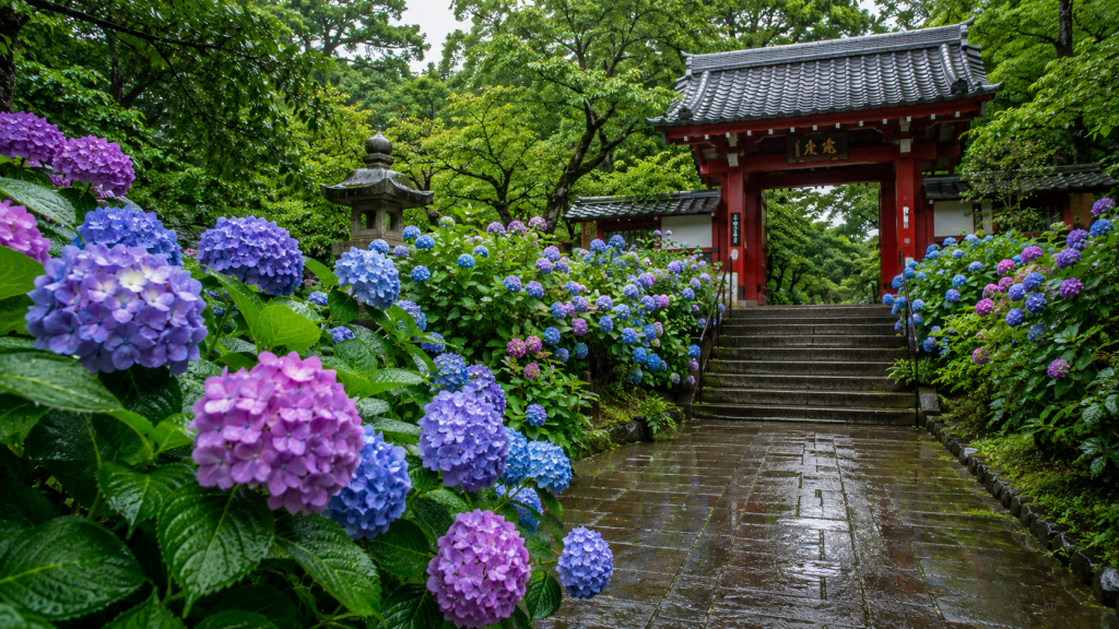 Hydrangeas blooming beside a traditional Japanese temple during the rainy season