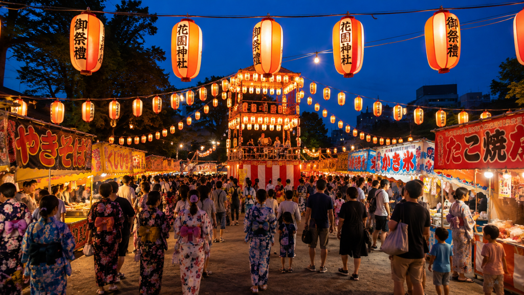 Traditional Japanese summer festival with lanterns and evening food stalls