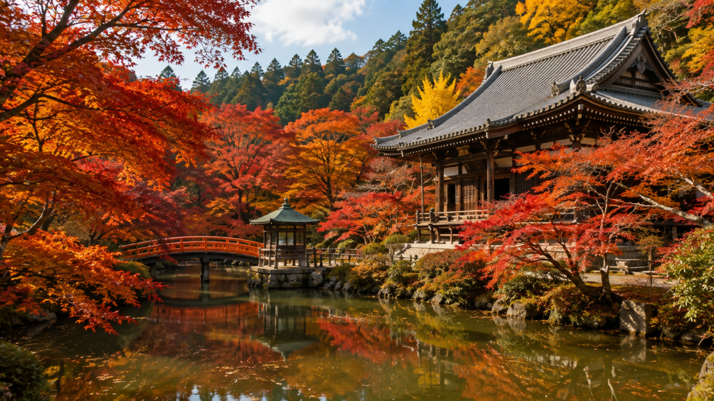 Autumn leaves surrounding a traditional Japanese temple in November