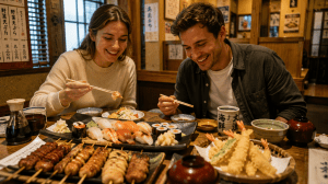 Travelers enjoying a variety of traditional Japanese dishes at a local restaurant