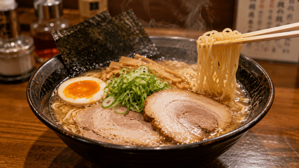 Bowl of Japanese ramen with noodles, sliced pork and traditional toppings