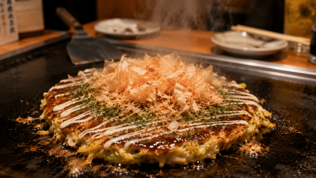 Japanese okonomiyaki cooking on a hot griddle with traditional toppings