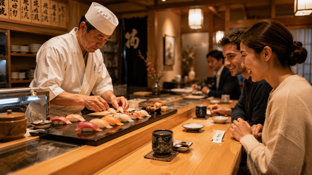 Fresh sushi served at a traditional Japanese sushi counter