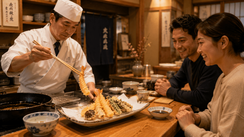 Japanese chef serving freshly fried tempura at a traditional restaurant