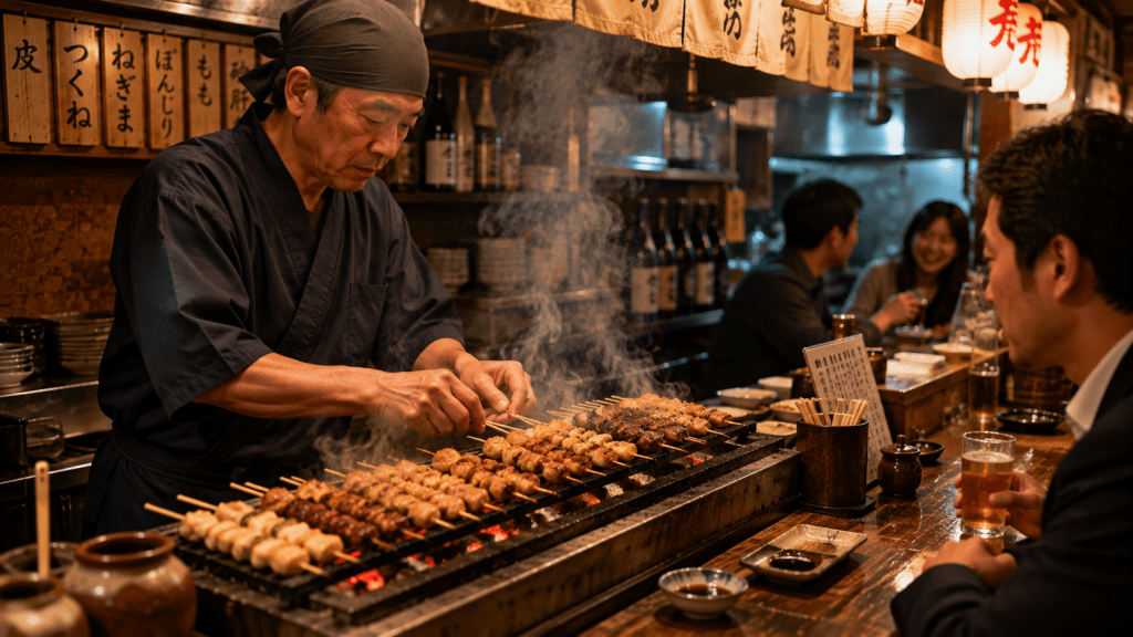 Japanese chef grilling yakitori over charcoal at a traditional izakaya