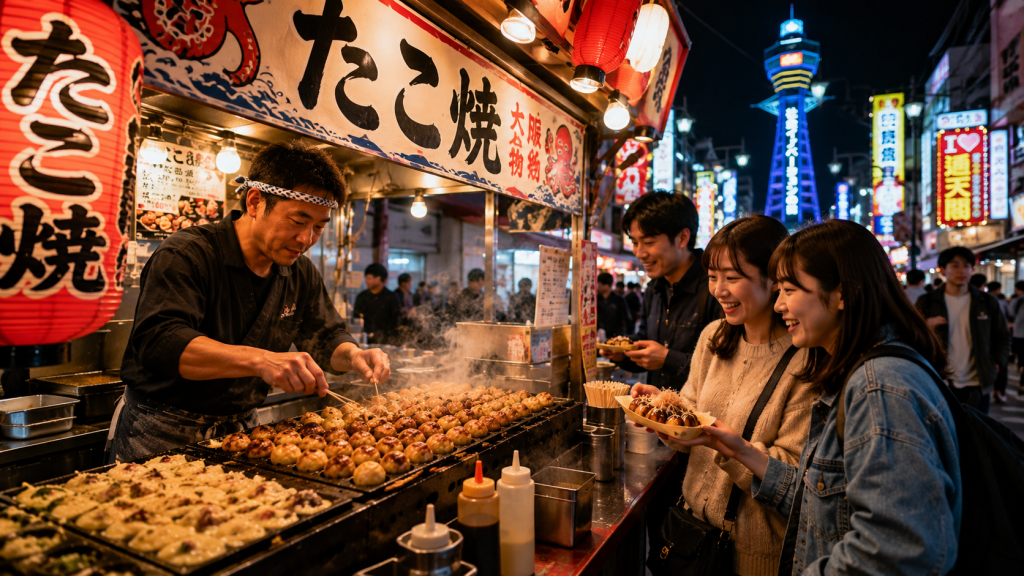 Takoyaki being cooked at a lively street food stall in Osaka, Japan