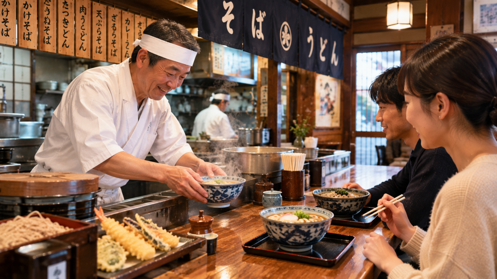 Travelers enjoying udon and soba at a traditional local noodle shop in Japan