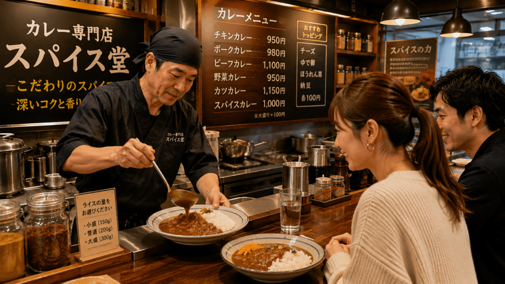Japanese chef serving curry rice at a local curry restaurant in Japan