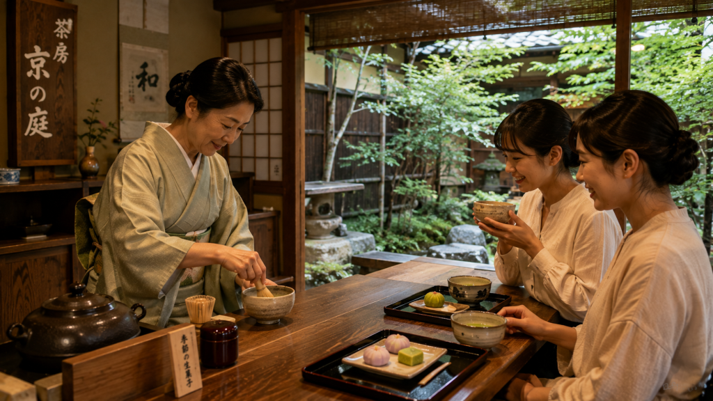 Travelers enjoying matcha and traditional Japanese wagashi at a tea house in Kyoto