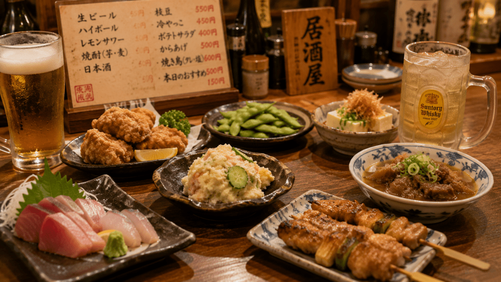 Small plates of Japanese food served at a traditional izakaya