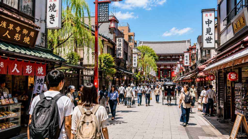 Travelers exploring the traditional streets of Asakusa in Tokyo