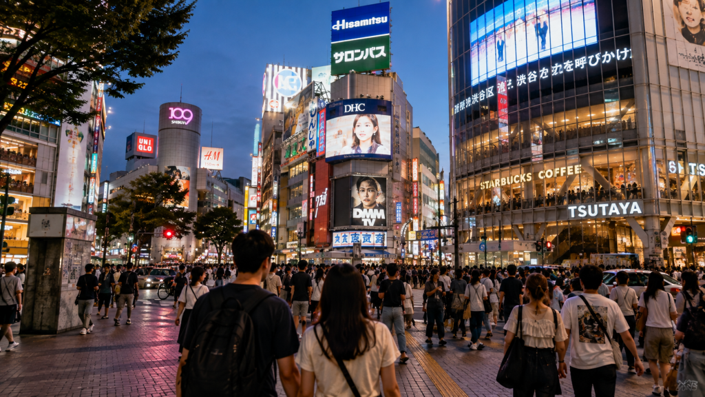 Travelers exploring Shibuya in Tokyo during the evening