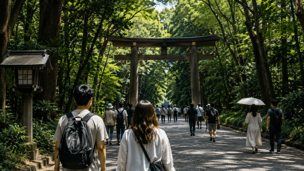 Travelers walking through the forested approach to Meiji Shrine in Tokyo