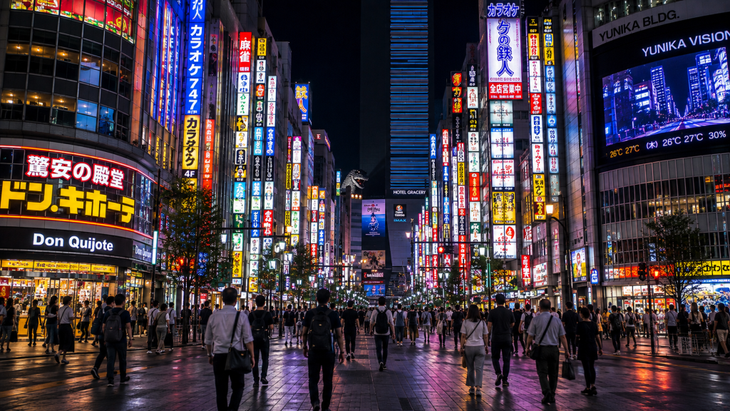 Travelers walking through the illuminated streets of Shinjuku in Tokyo at night