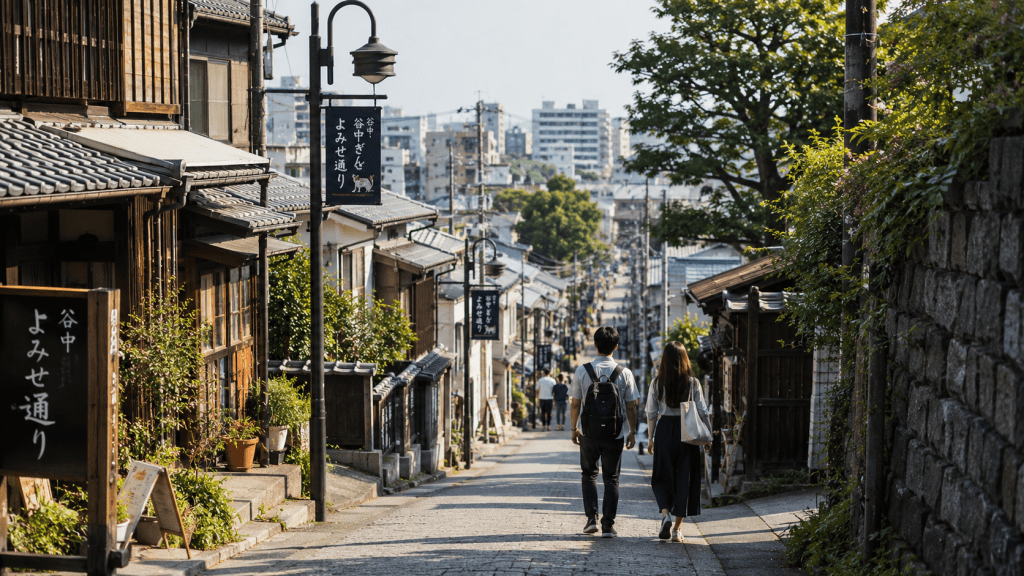 Travelers walking through a quiet local neighborhood in Tokyo