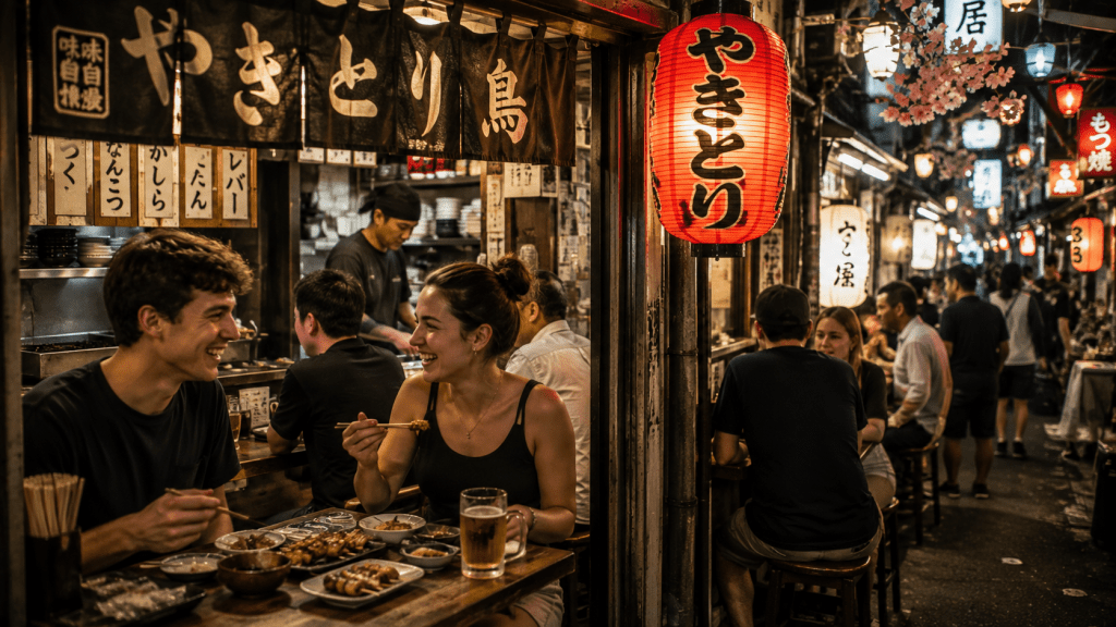 Travelers enjoying local food at a small restaurant in Tokyo