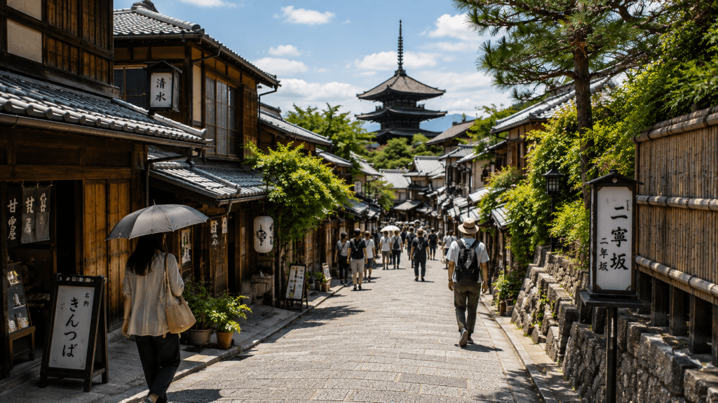 Travelers walking through the historic streets of Higashiyama in Kyoto