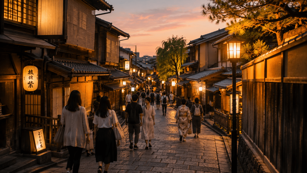 Travelers walking through the traditional streets of Gion in Kyoto