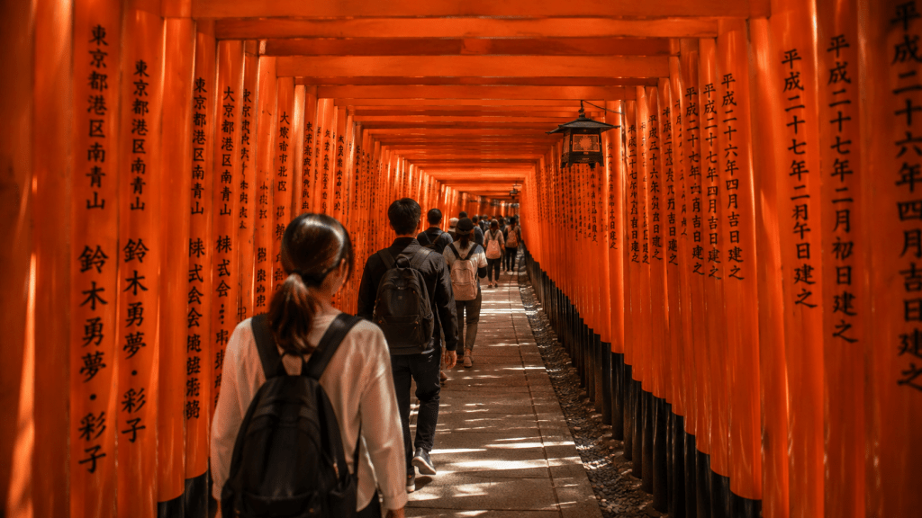 Travelers walking through the torii gates of Fushimi Inari in Kyoto
