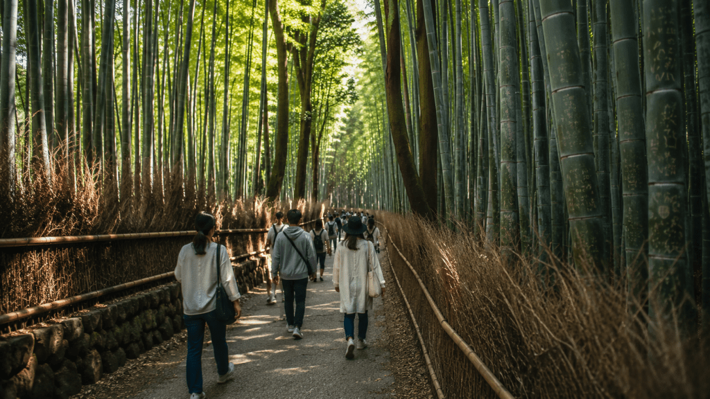 Travelers walking through the bamboo grove in Arashiyama, Kyoto