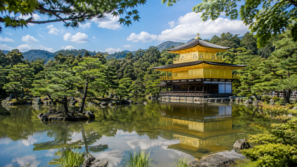 Kinkaku-ji Golden Pavilion reflected in a pond in Kyoto, Japan