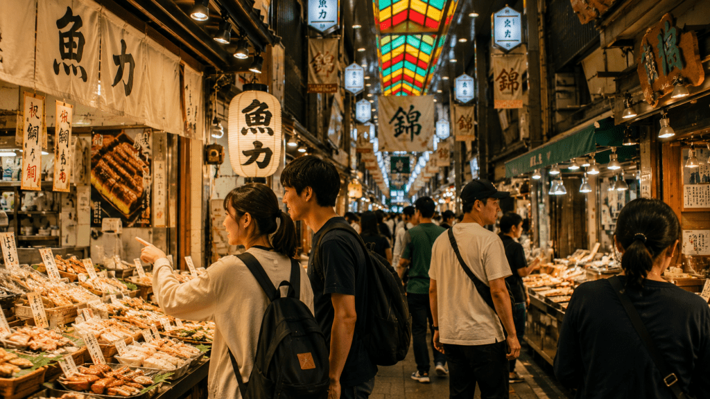 Travelers exploring food shops at Nishiki Market in Kyoto