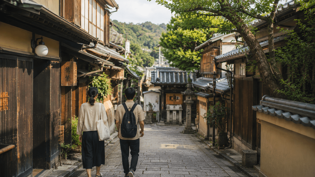 Travelers exploring a quiet local neighborhood in Kyoto