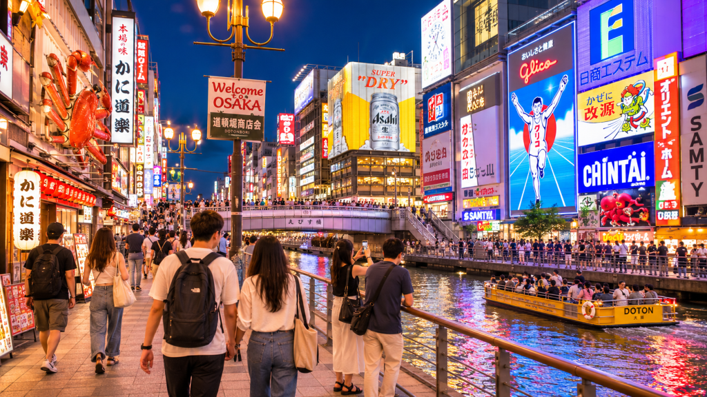 Travelers exploring Dotonbori in Osaka during the evening